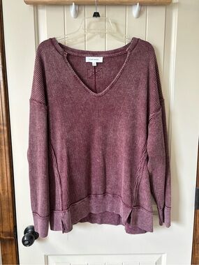 Pink Rose Faded Mauve Waffle-Knit V-Neck Sweater